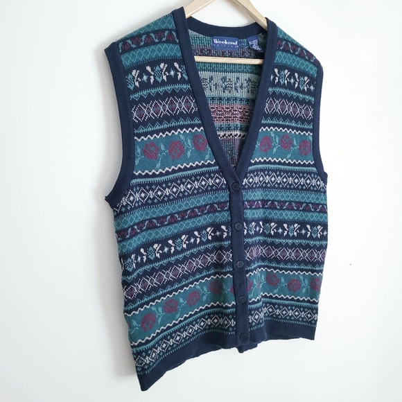 Blue & Green Grandpa Sleeveless Knit Sweater Vest - L - Picture 3 of 8